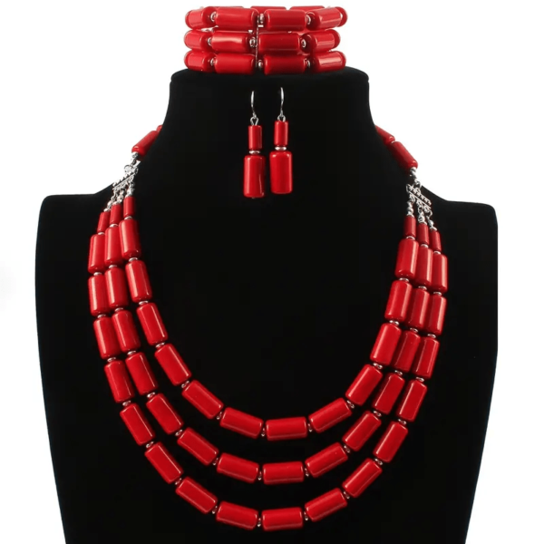 Boho Red Beaded Necklace, Earrings & Bracelet Set - Image 2