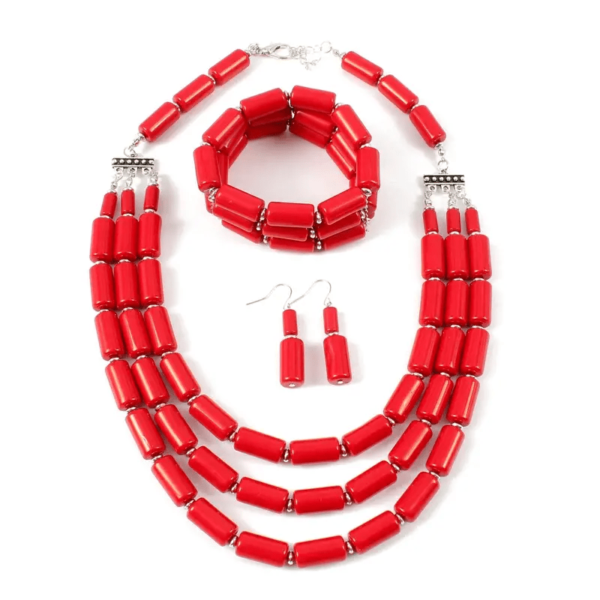 Boho Red Beaded Necklace, Earrings & Bracelet Set