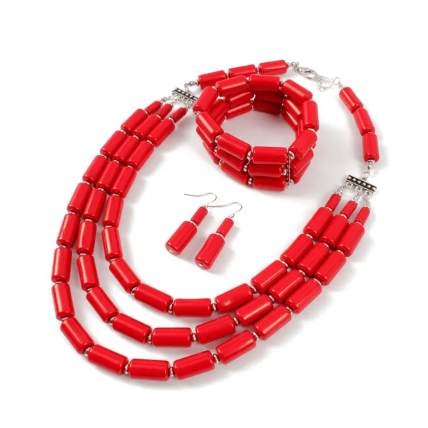 Boho Red Beaded Necklace, Earrings & Bracelet Set - Image 3